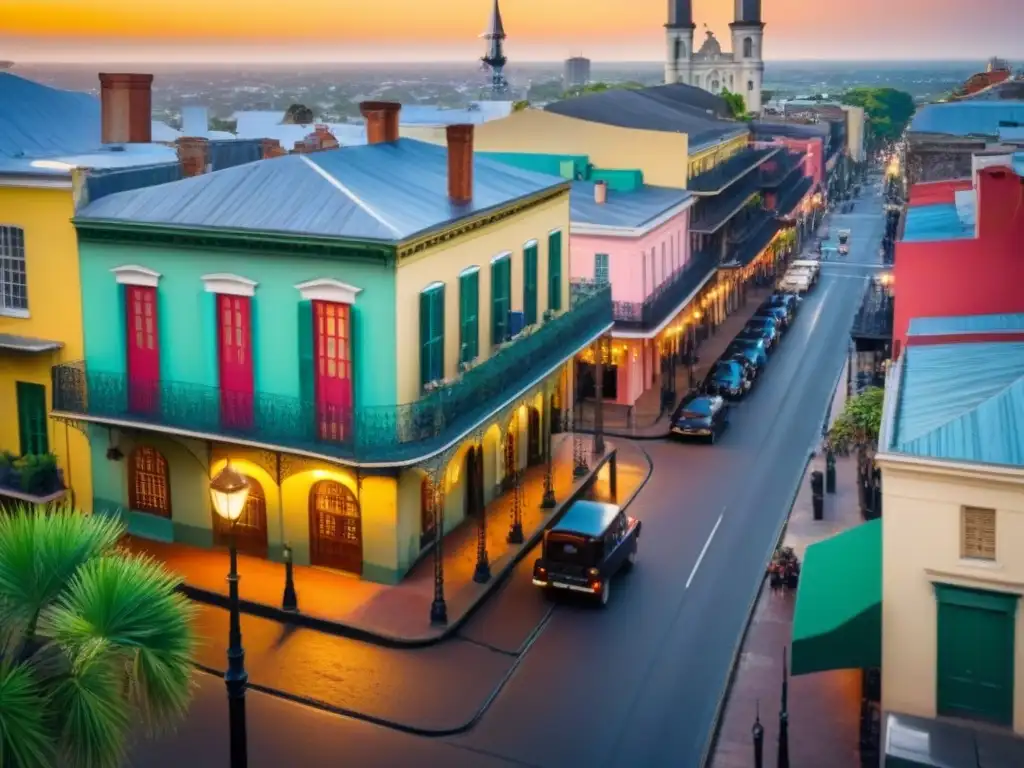 Paisaje mágico del French Quarter de Nueva Orleans al atardecer Vista aérea impresionante del French Quarter en Nueva Orleans con arquitectura francesa y balcones de hierro