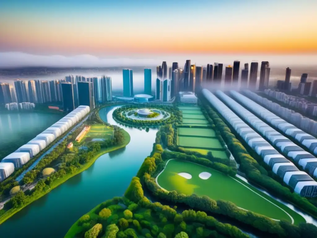 Metrópolis moderna: armonía entre rascacielos y naturaleza Una vista aérea impresionante de un paisaje urbano moderno con estrategias de composición en el portafolio inmobiliario