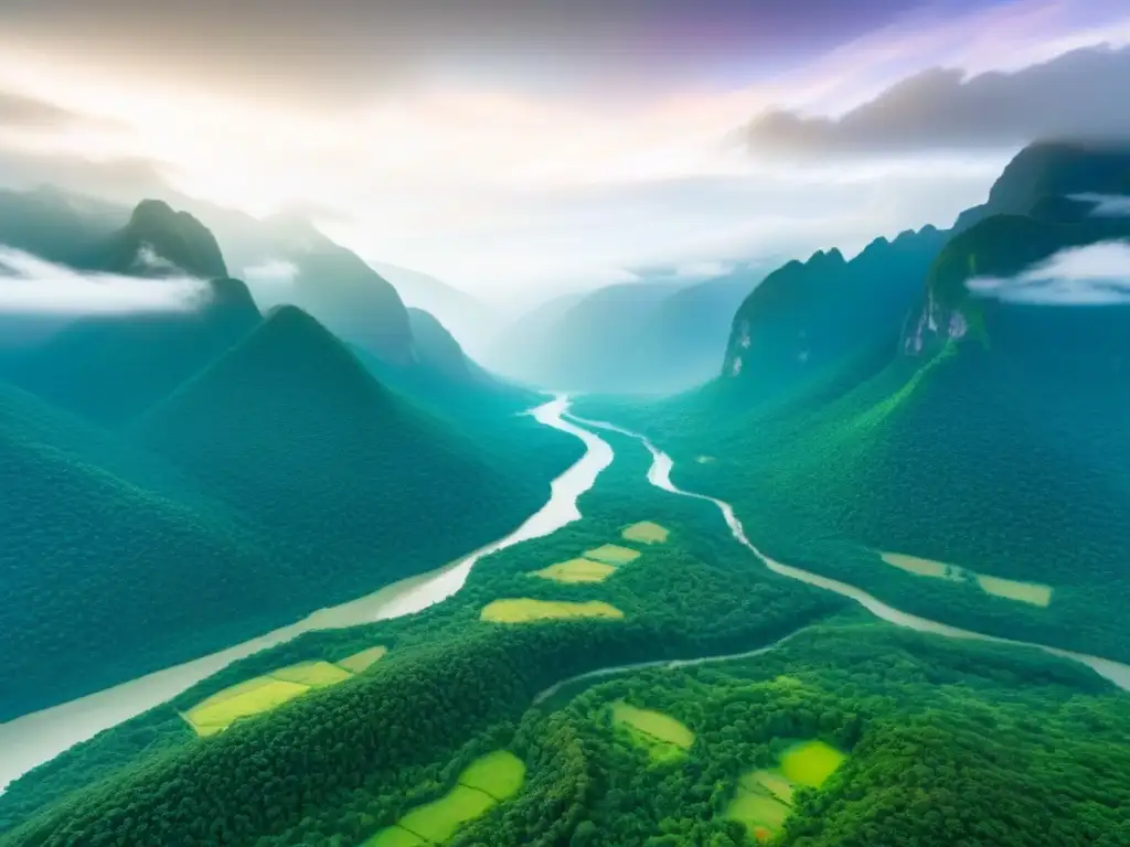 Esplendor natural: paisaje virgen de bosques, ríos y montañas Vista aérea impresionante de un paisaje natural virgen con bosques verdes, ríos sinuosos y majestuosas montañas