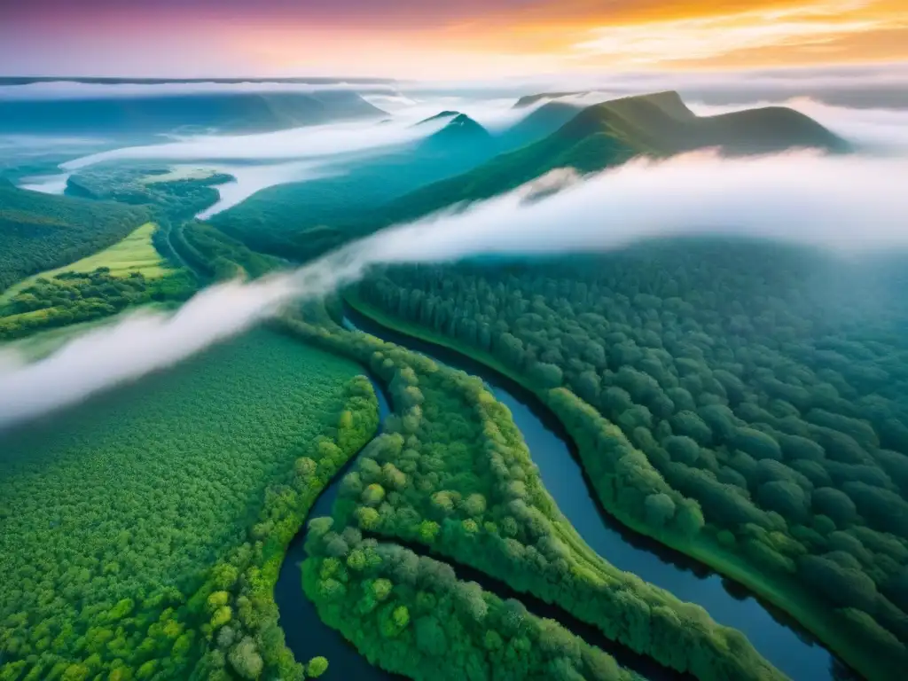 Esplendor verde: paisaje restaurado y sostenible Una vista aérea impresionante de un paisaje exuberante y restaurado, con bosques verdes, ríos sinuosos y fauna variada