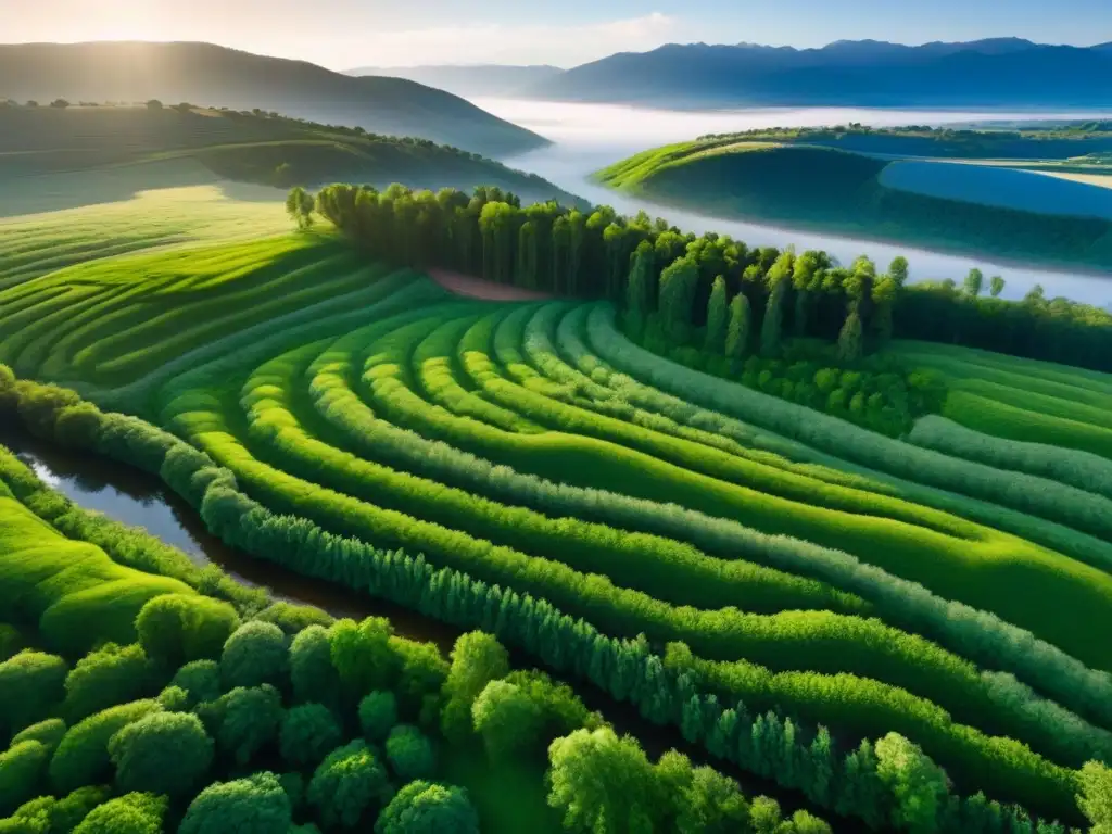 Renovación verde: paisaje sostenible en armonía Vista aérea impresionante de paisaje verde restaurado con tecnologías sostenibles