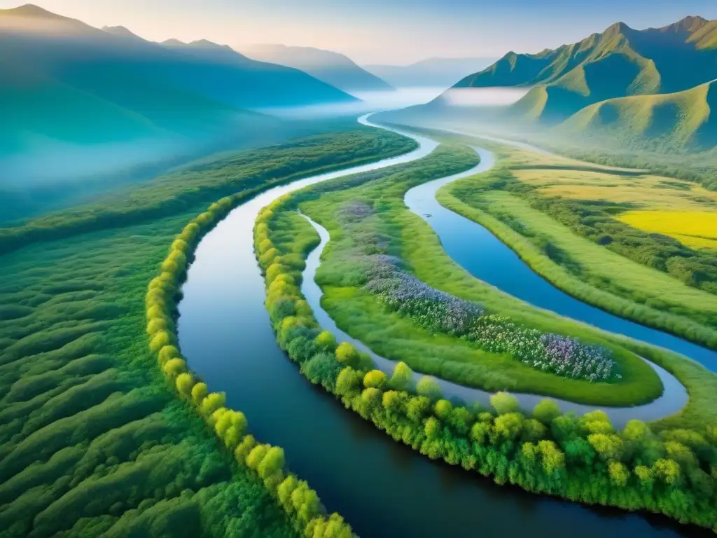 Renovación de hábitats: paisaje exuberante y diverso Una vista aérea impresionante de un paisaje exuberante y vibrante que muestra la preservación de suelos en la restauración de paisajes naturales