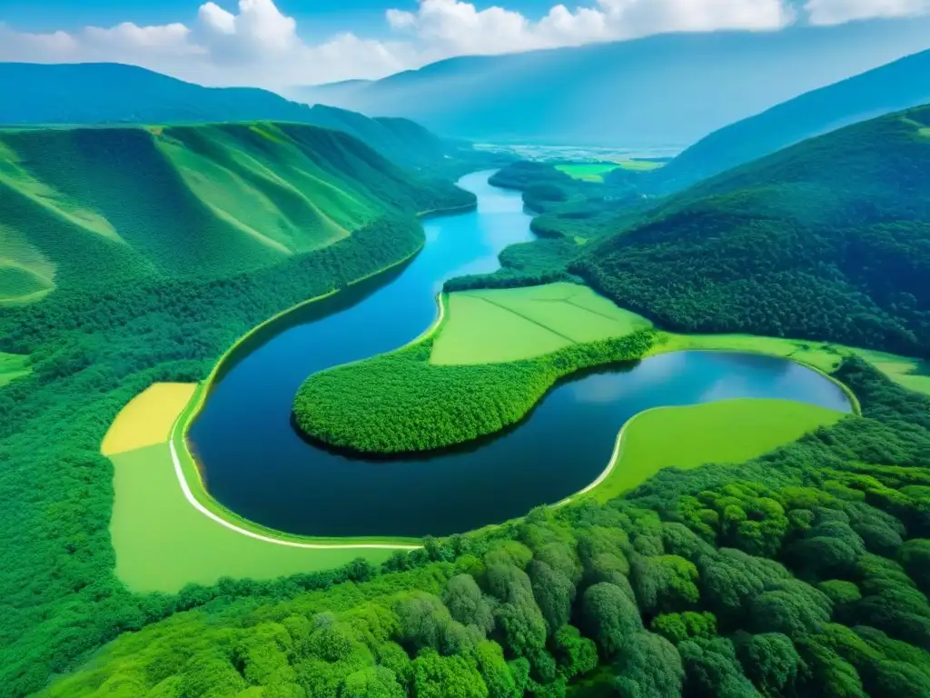 Inversión inmobiliaria: Amplias tierras verdes y sereno lago Vista aérea impresionante de paisaje verde con colinas, valles, lago sereno y bosques