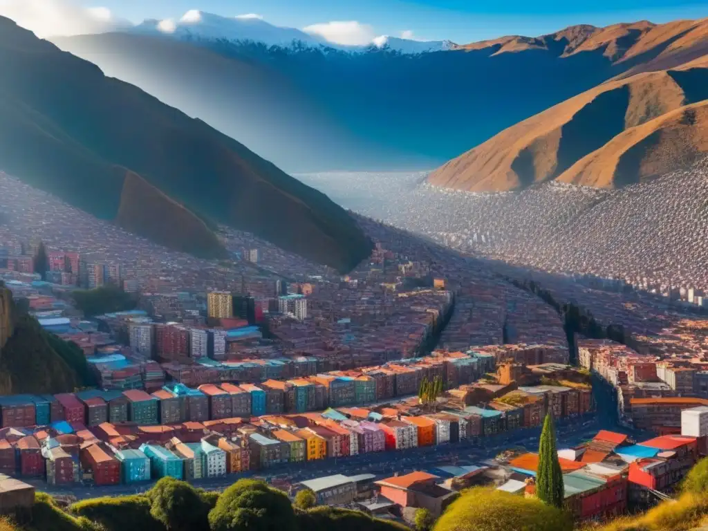Panorama vibrante de La Paz: mezcla entre modernidad y tradición Vista aérea impresionante de La Paz, Bolivia, con modernos edificios y casas coloridas en el valle, reflejando oportunidades mercado inmobiliario Bolivia