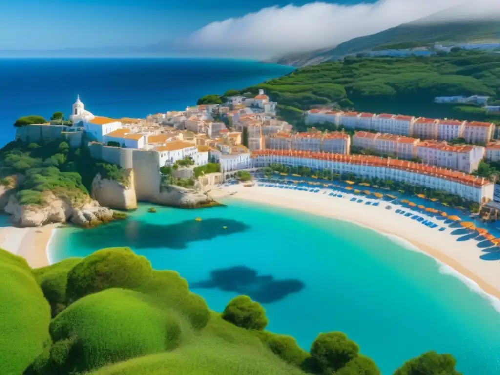Costa española: vista aérea impresionante Vista aérea impresionante de un pintoresco pueblo costero español con playas de arena, aguas azules y edificios tradicionales bajo un cielo azul