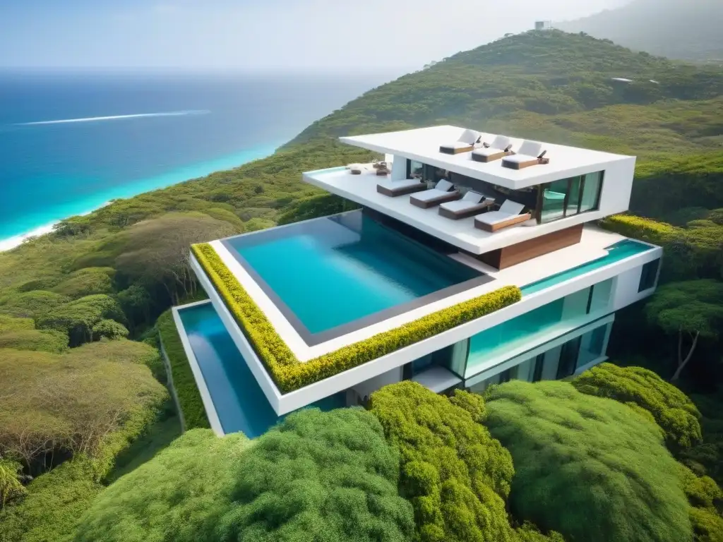Propiedad de lujo en México: diseño moderno con vista panorámica Vista aérea impresionante de propiedad de lujo en México con diseño moderno, alberca infinita y jardines exuberantes