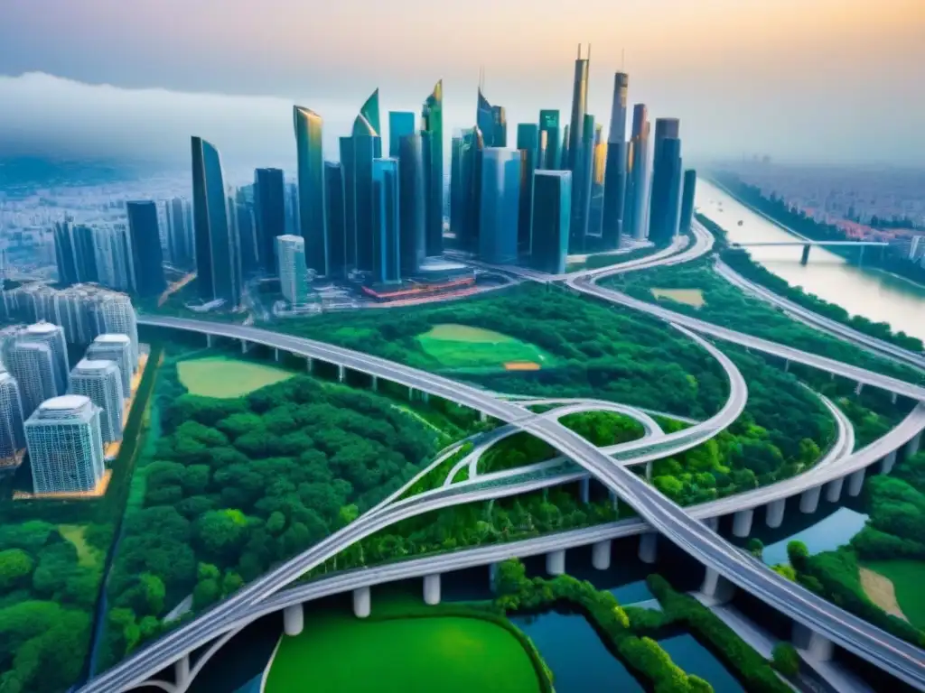 Metrópolis sostenible: armonía entre naturaleza y modernidad Vista aérea impresionante: rascacielos modernos y espacios verdes en armonía, reflejando la integración de leyes urbanísticas desarrollo inmobiliario