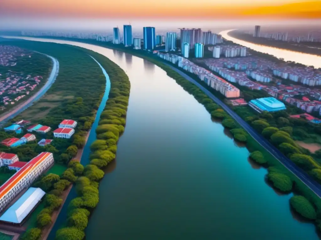 Vibrante Asunción: luces y historia en Paraguay Vista aérea impresionante de Asunción, mezclando rascacielos modernos y edificios coloniales