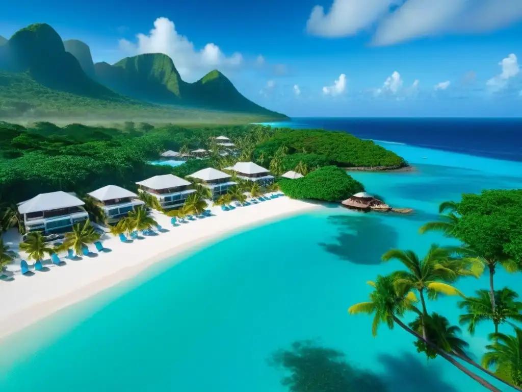 Paraíso caribeño: vista aérea de lujoso resort frente al mar Vista aérea impresionante de resort de lujo en la playa del Caribe con aguas turquesas, palmeras y villas con piscinas infinitas