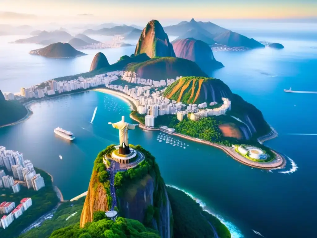 Inversión inmobiliaria en Río de Janeiro: energía y belleza Una vista aérea impresionante de Río de Janeiro, Brasil, con el Cristo Redentor y el dinámico mercado inmobiliario