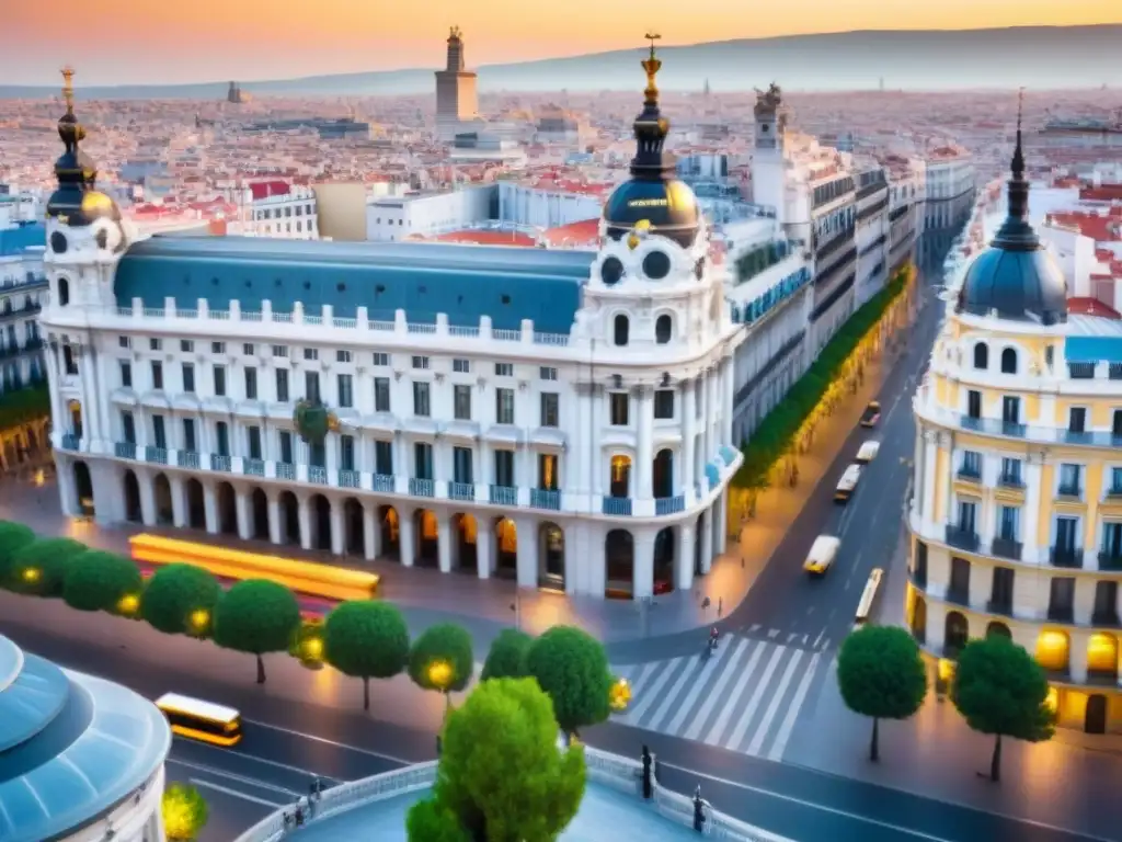 Madrid: Skyline vibrante entre historia y modernidad Vista aérea impresionante de Madrid con su skyline moderno y monumentos históricos