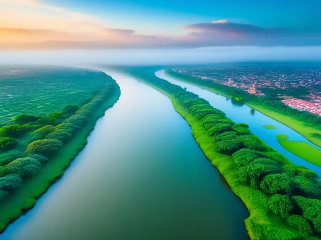 Horizonte moderno de Asunción: río y naturaleza Vista aérea impresionante de Asunción, Paraguay, con un skyline moderno y el río Paraguay, destacando las oportunidades de inversión en Paraguay