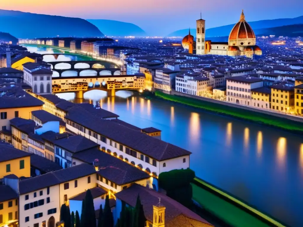 Esplendor renacentista: Florencia, Italia Vista aérea impresionante de Florencia, Italia con tejados rojos, río Arno y el Duomo en el horizonte