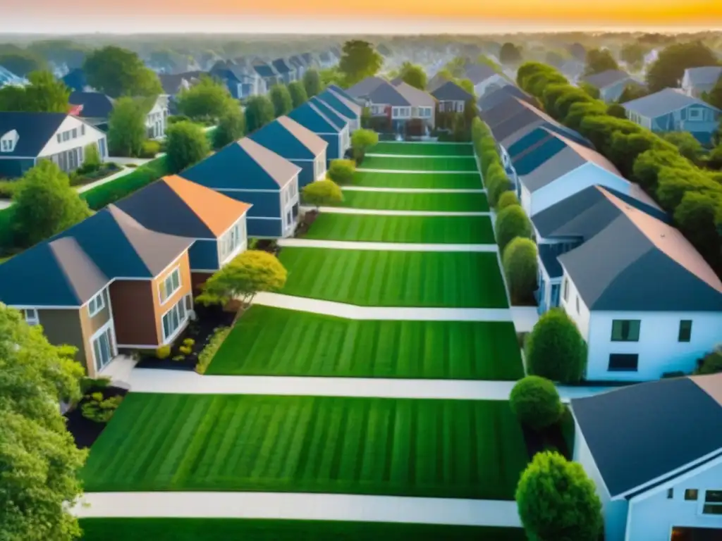 Vecindario moderno: comunidad vibrante al atardecer Vista aérea impresionante de un vecindario diverso con casas modernas y diseño único