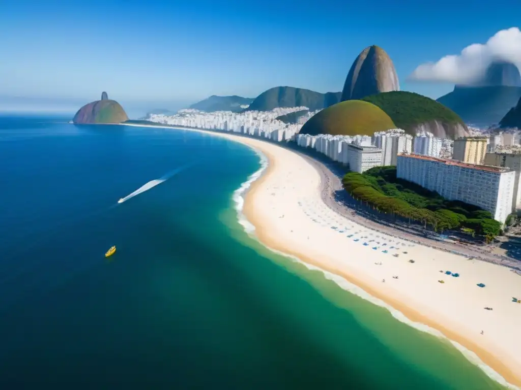 Panorámica impresionante de Copacabana Beach en Río de Janeiro Vista aérea impresionante de Copacabana, Río de Janeiro, Brasil, muestra la vibrante ciudad y el océano azul