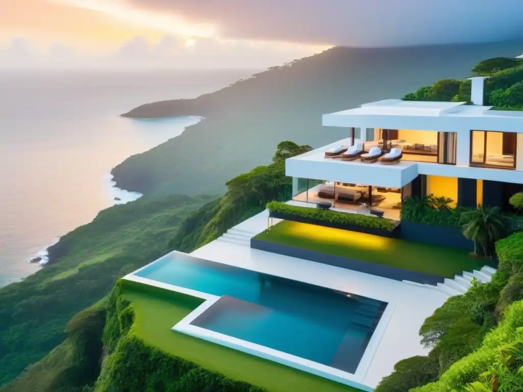 Villa de lujo con vista panorámica en la costa de Sudamérica Vista aérea impresionante de villa de lujo en colina verde con piscina infinita privada, ventanales y jardín paisajístico