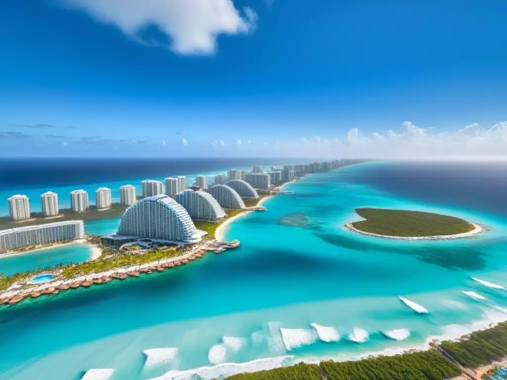 Inversión inmobiliaria en Cancún: lujo frente al Caribe Vista aérea impresionante de la zona hotelera de Cancún, con el Mar Caribe turquesa y resorts de lujo