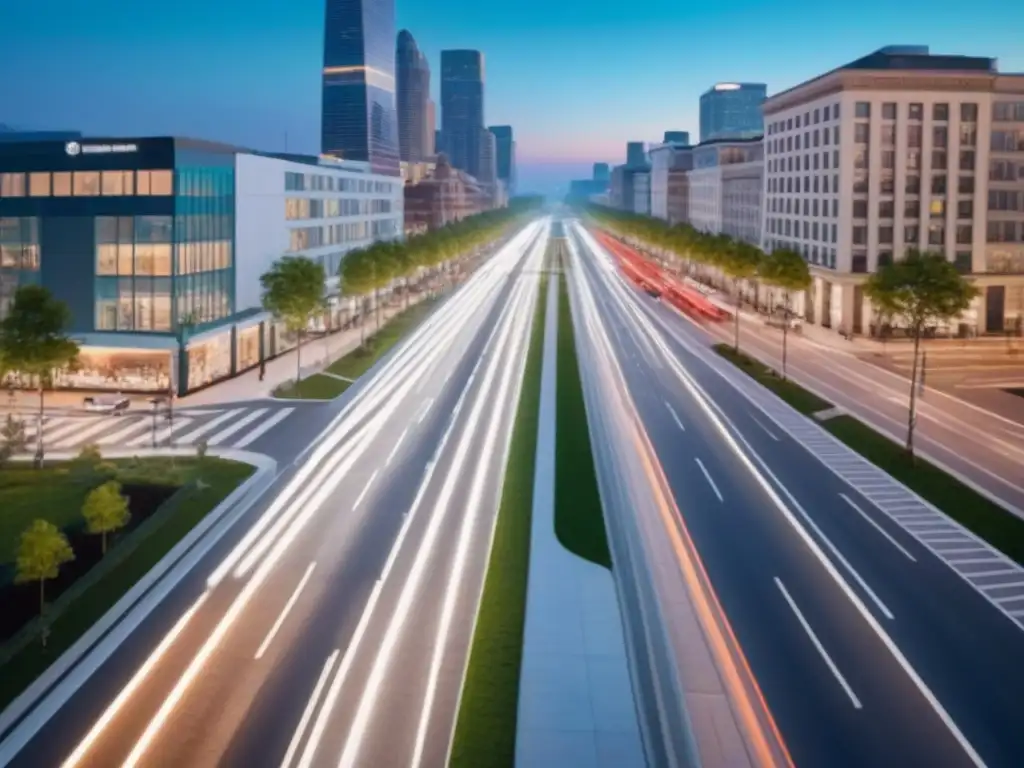 Intersección urbana al atardecer: sostenibilidad y modernidad en la ciudad Vista aérea de una intersección urbana al anochecer, con diseño sostenible y Soluciones sostenibles movilidad urbana