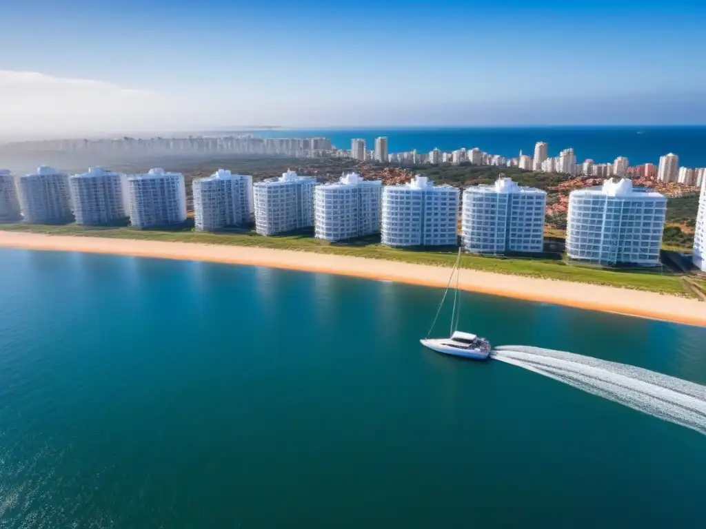 Exclusivo skyline de Punta del Este: lujo y sofisticación en Uruguay Vista aérea de lujo en Punta del Este, Uruguay con propiedades frente al mar, edificios modernos y yates en la marina bajo un cielo azul brillante