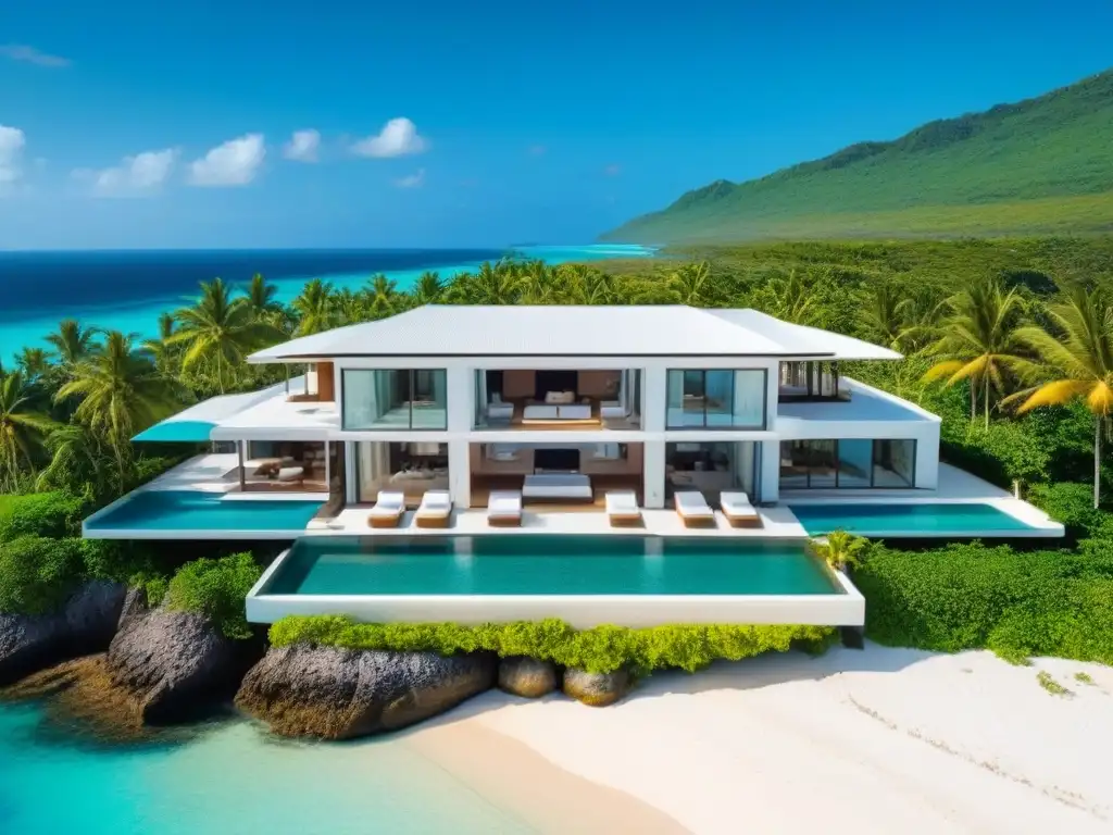 Propiedad de ensueño en el Caribe: lujo y exclusividad Vista aérea de una lujosa propiedad en la playa en el Caribe con aguas turquesas, palmeras verdes y una moderna villa con piscina infinita privada