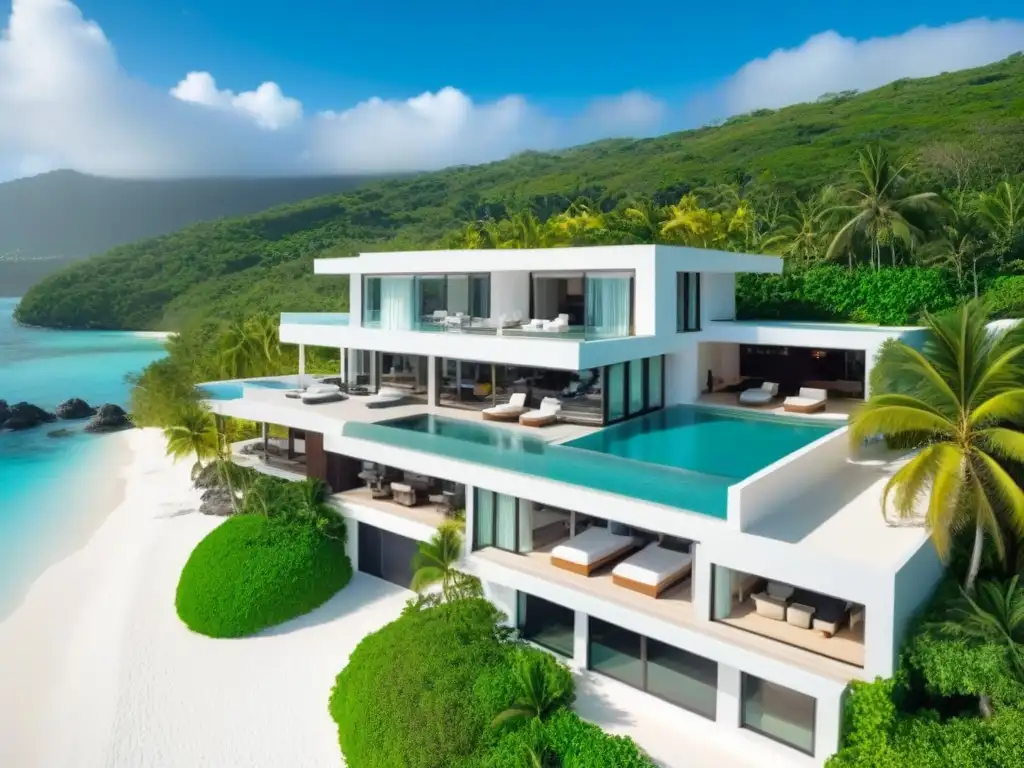 Propiedad de lujo en el Caribe: Villa moderna con vista al mar Vista aérea de una lujosa propiedad frente al mar en el Caribe