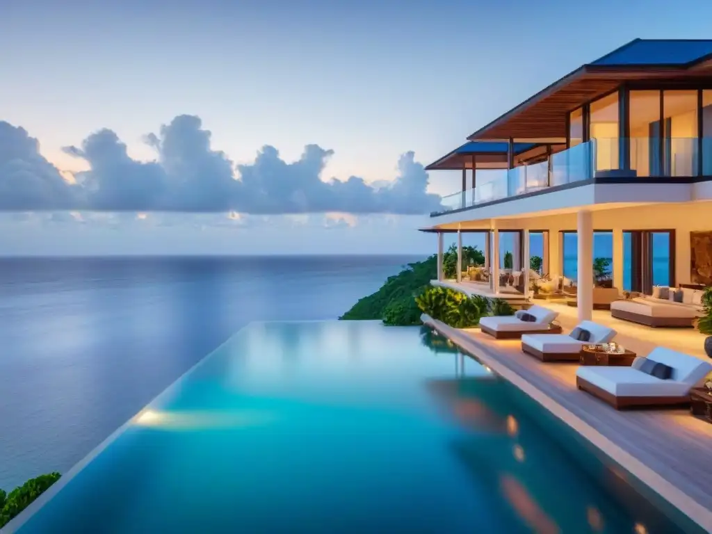 Propiedad de lujo en el Caribe con piscina infinita privada Vista aérea de una lujosa propiedad frente al mar en el Caribe con moderna arquitectura y piscina infinita privada