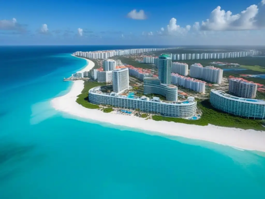 Vista aérea de Cancún: Turismo y desarrollo inmobiliario en México Vista aérea de Cancún, México, con mar turquesa, resorts de lujo y modernos edificios