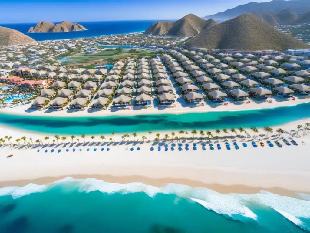 Costa de Los Cabos: lujo frente al mar Vista aérea de las mejores zonas propiedades alta gama en Los Cabos, México, con playas, resorts y aguas cristalinas del Mar de Cortés