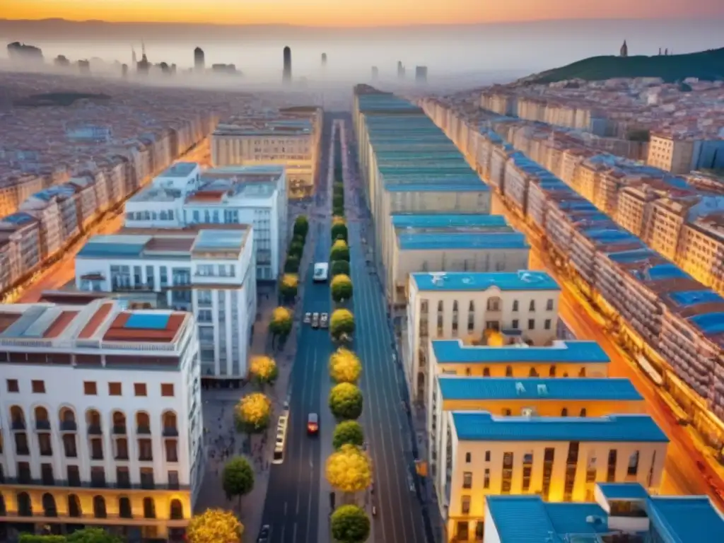 Cityscape vibrante: arquitectura tradicional y moderna en España Vista aérea del mercado inmobiliario español post-pandemia: arquitectura tradicional y rascacielos modernos se funden en una ciudad vibrante