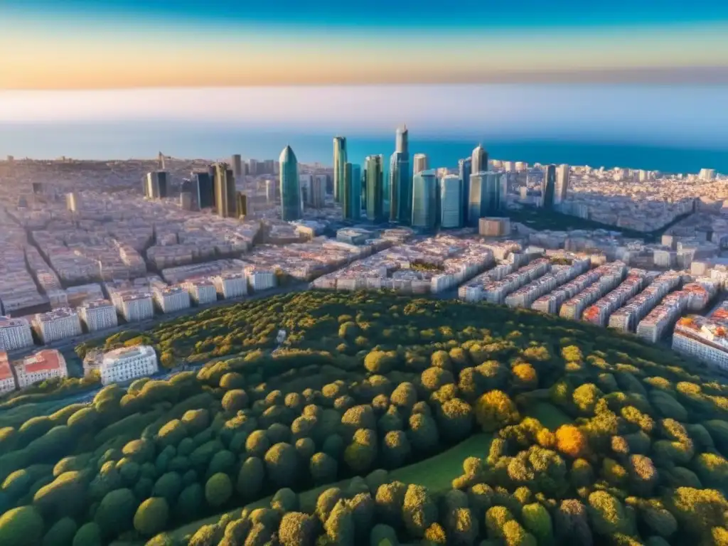 Cityscape revitalizado en España: rascacielos, historia y verdor Vista aérea del mercado inmobiliario español post-pandemia: rascacielos modernos, edificios históricos renovados y espacios verdes en armonía bajo un cielo azul brillante
