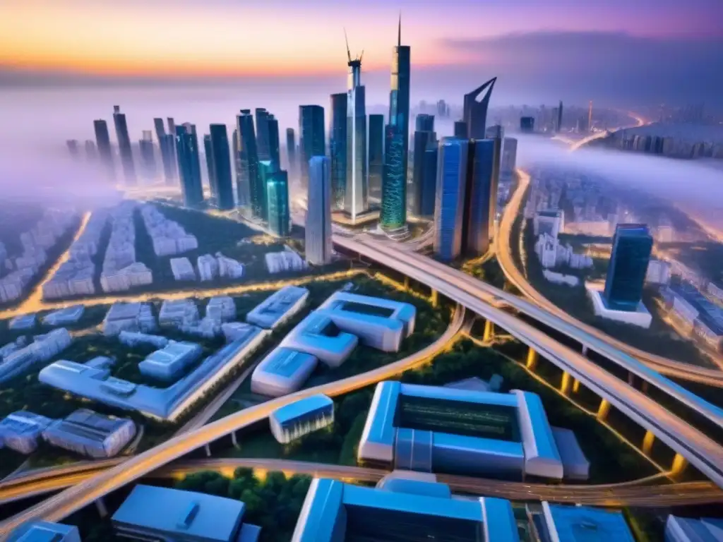 Transporte público futurista y desarrollo urbano Vista aérea de una metrópolis con impacto del transporte público en el desarrollo inmobiliario