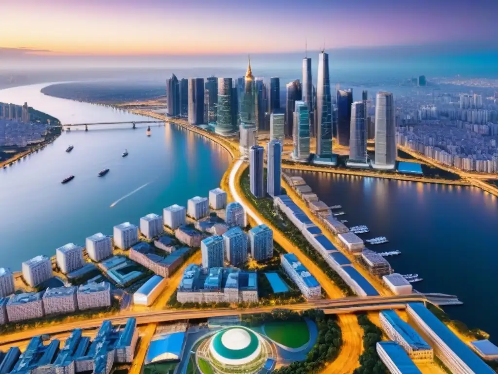 Metrópolis innovadora: luces y armonía urbana al atardecer Vista aérea de una metrópolis vibrante al anochecer con rascacielos iluminados y desarrollo urbano metrópolis estrategias