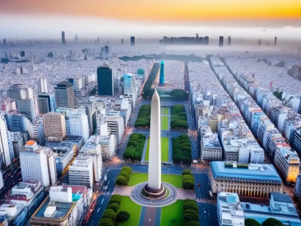 Horizonte de Buenos Aires: mezcla de historia y modernidad Vista aérea de Buenos Aires con su mezcla de arquitectura histórica y rascacielos modernos, destacando el Obelisco en el centro de la ciudad