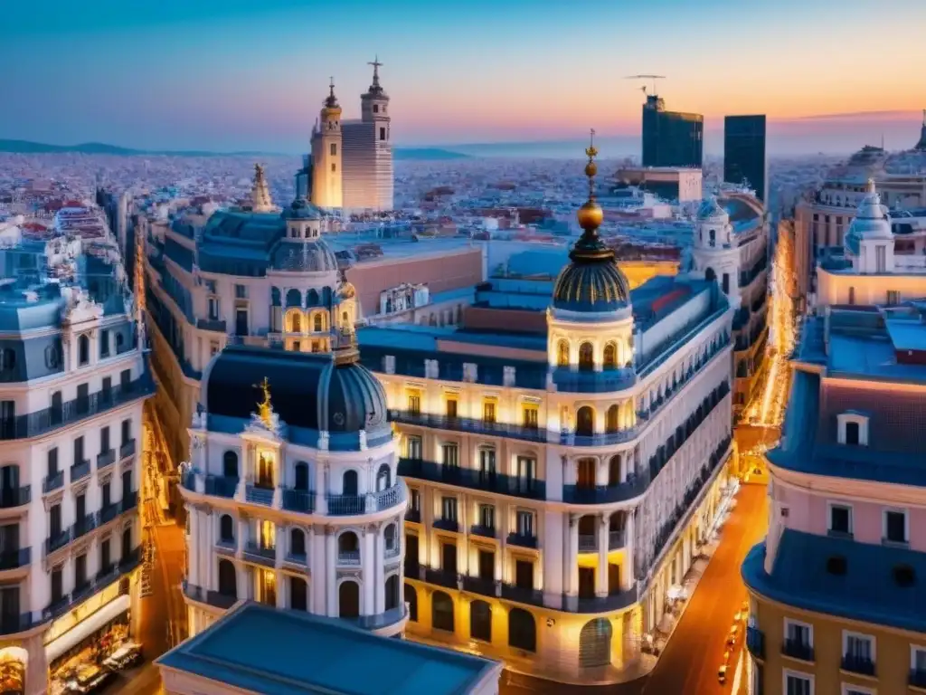 Espléndida vista aérea del skyline de Madrid al anochecer Vista aérea de Madrid al anochecer, mezcla de arquitectura histórica y rascacielos modernos, con luces de la ciudad iluminando calles