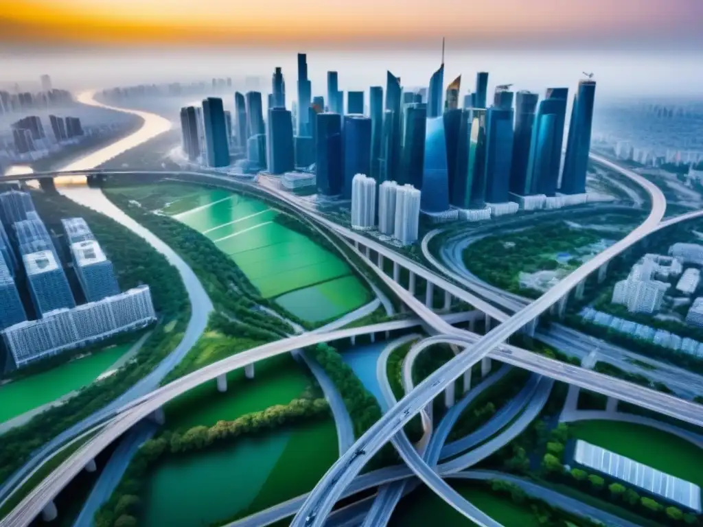 Vista aérea impresionante de ciudad con diversidad inmobiliaria Vista aérea moderna de una ciudad: rascacielos, edificios, complejos comerciales y red de calles
