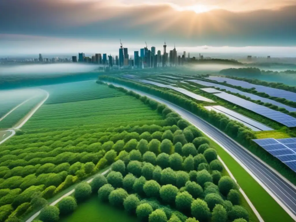 Desarrollo urbano sostenible: armonía entre ciudad y naturaleza Vista aérea de una moderna planificación urbana sostenible con espacios verdes, paneles solares y transporte público eficiente
