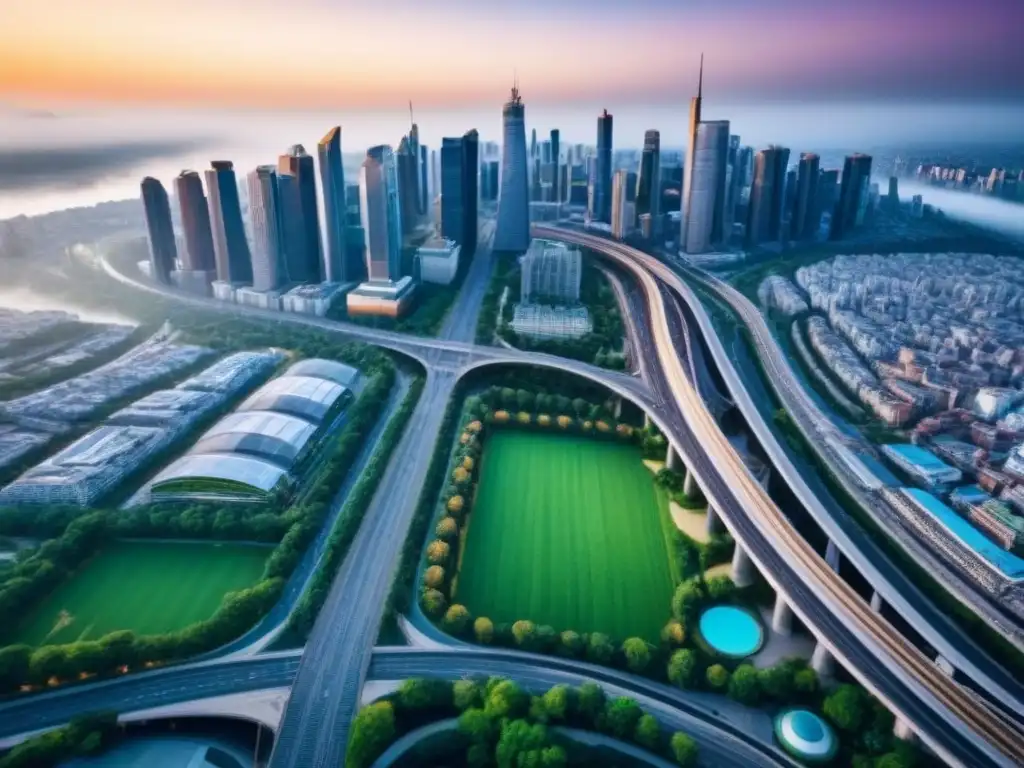 Vista aérea panorámica de una ciudad metropolitana vibrante con infraestructura moderna y espacios verdes, reflejando innovación y sostenibilidad