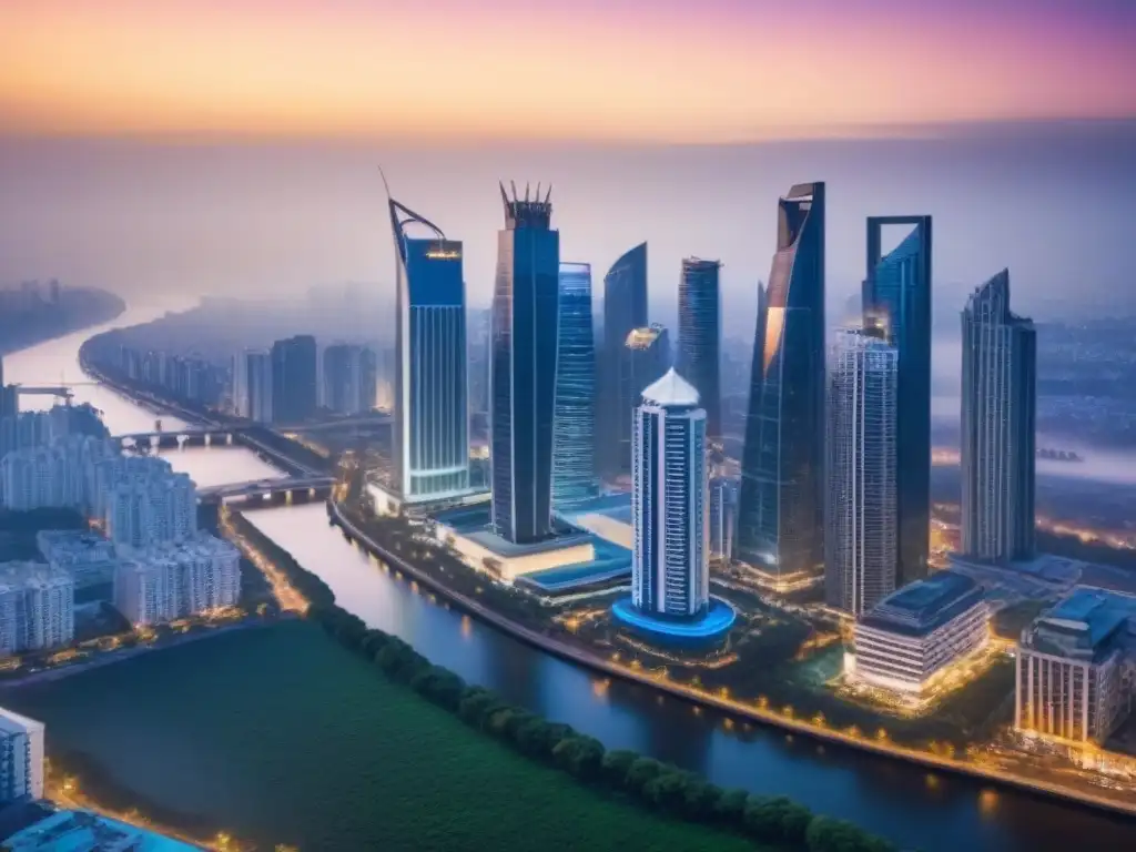Esplendor urbano: skyline moderno al atardecer Vista aérea panorámica de una ciudad bulliciosa al anochecer, con rascacielos iluminados y propiedades de lujo destacadas en mercados emergentes