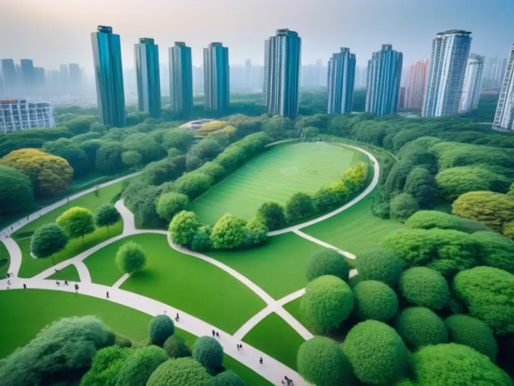 Parque urbano vibrante: un oasis en la ciudad moderna Vista aérea de un parque urbano vibrante rodeado de rascacielos modernos, resaltando la armonía entre desarrollo urbano y espacios verdes