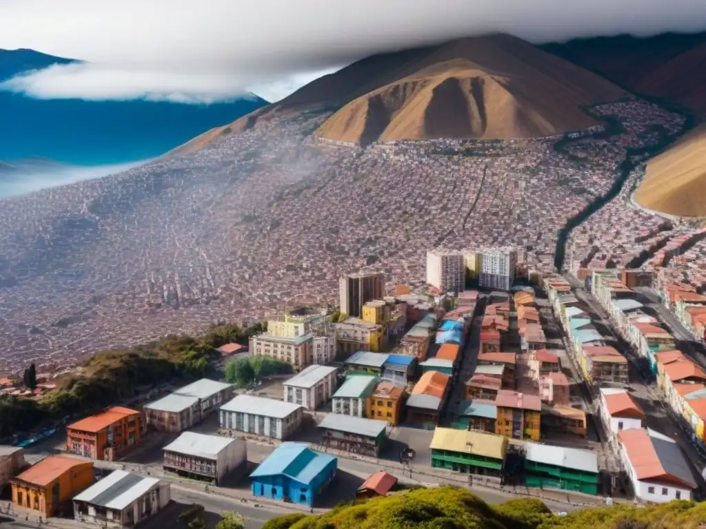 Inversión inmobiliaria en La Paz: paisaje urbano entre montañas Vista aérea de La Paz, Bolivia, con sus coloridos edificios y calles bulliciosas, reflejando las oportunidades del mercado inmobiliario en Bolivia