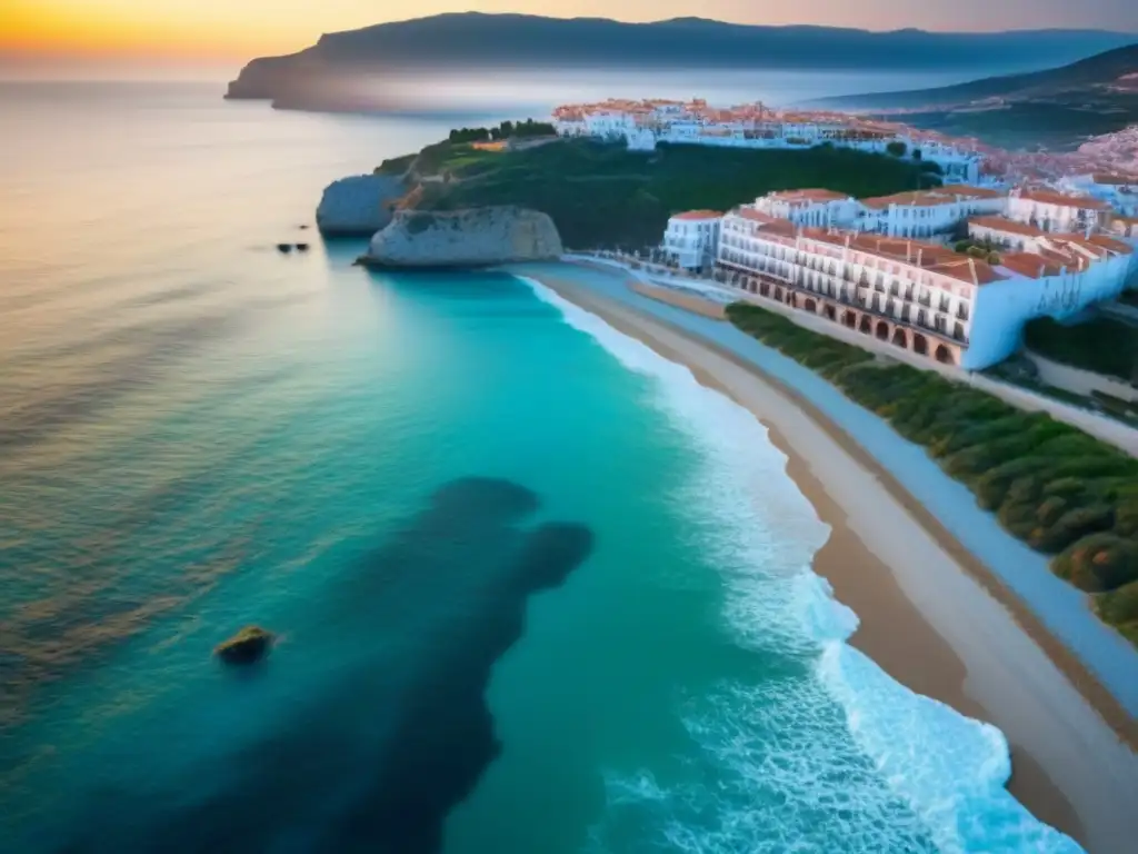 Costa española: vibrante turismo vacacional en el Mediterráneo Vista aérea de un pintoresco pueblo costero español con viviendas turísticas coloridas, reflejando las regulaciones del propietario en España