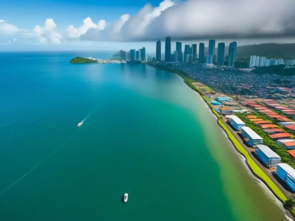 Horizonte vibrante de Port of Spain, Trinidad y Tobago Vista aérea de Port of Spain en Trinidad y Tobago, con modernos edificios y el mar