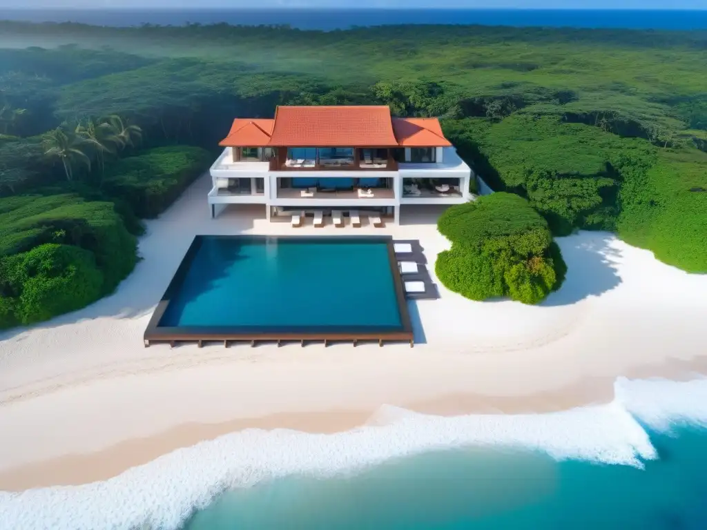 Residencia de lujo frente al mar: moderna elegancia y naturaleza exuberante Vista aérea de propiedad frente a la playa: elegante diseño moderno con piscina infinita y exuberante vegetación tropical alrededor