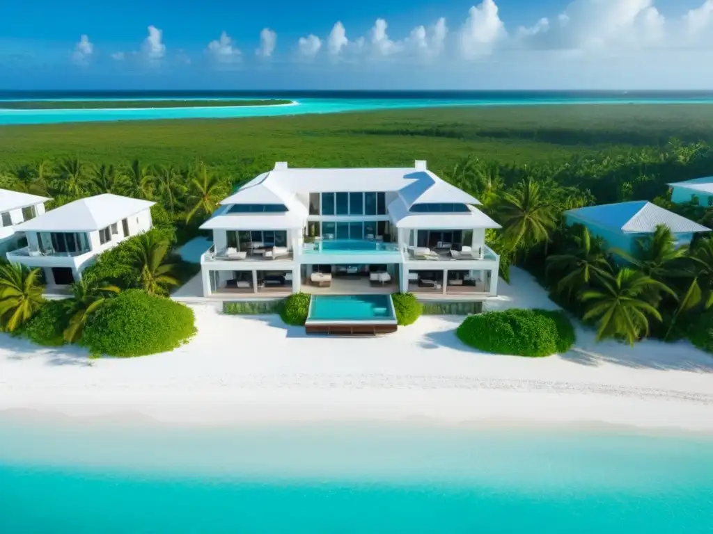 Propiedad de lujo frente al mar en Bahamas: inversión exclusiva Vista aérea de propiedad de lujo en Bahamas, aguas turquesas, arena blanca y palmeras