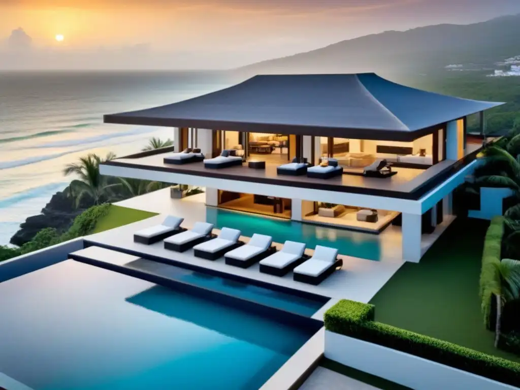 Propiedad de lujo en la playa: infinito azul y atardecer dorado en México Vista aérea de propiedad de lujo en México con piscina infinita y jardines tropicales