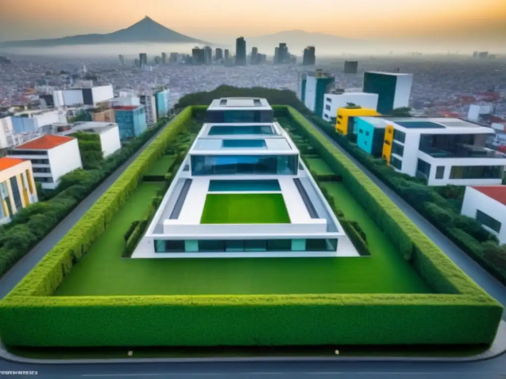 Propiedades de lujo en México: arquitectura moderna y exuberante naturaleza Vista aérea de propiedades de alta gama en México, con arquitectura moderna, vegetación exuberante y el skyline de la ciudad