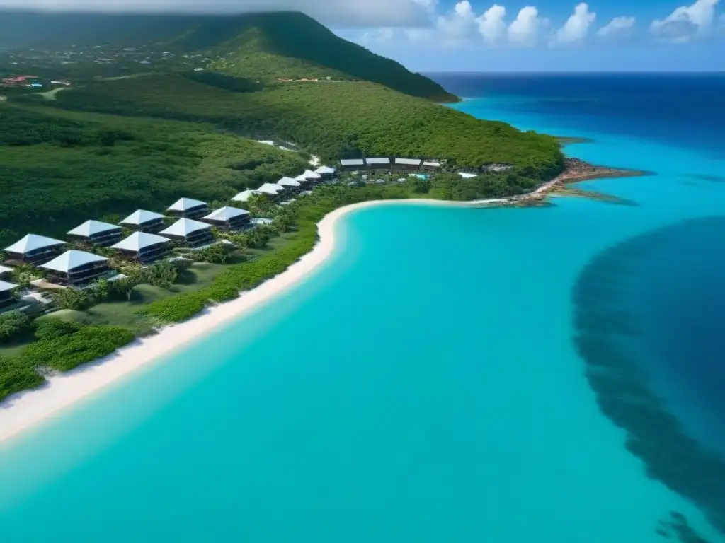 Inversiones de lujo en Antigua y Barbuda: propiedades frente al mar en el paraíso caribeño Vista aérea de propiedades de lujo en Antigua y Barbuda, fusionando arquitectura moderna con paisaje tropical