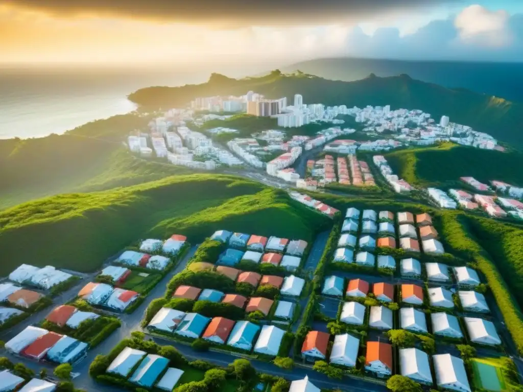 Panorama urbano de Puerto Rico: impacto legislativo en inversión Vista aérea de Puerto Rico con arquitectura variada, reflejando la influencia de la legislación inmobiliaria Puerto Rico
