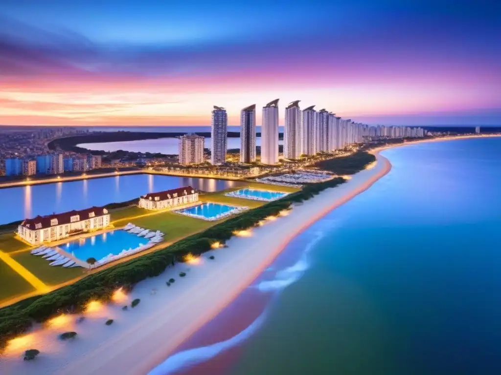 Oportunidades de inversión en Punta del Este: skyline al atardecer Vista aérea de Punta del Este al anochecer, con escultura de los dedos en la playa, rascacielos iluminados y yates en la marina