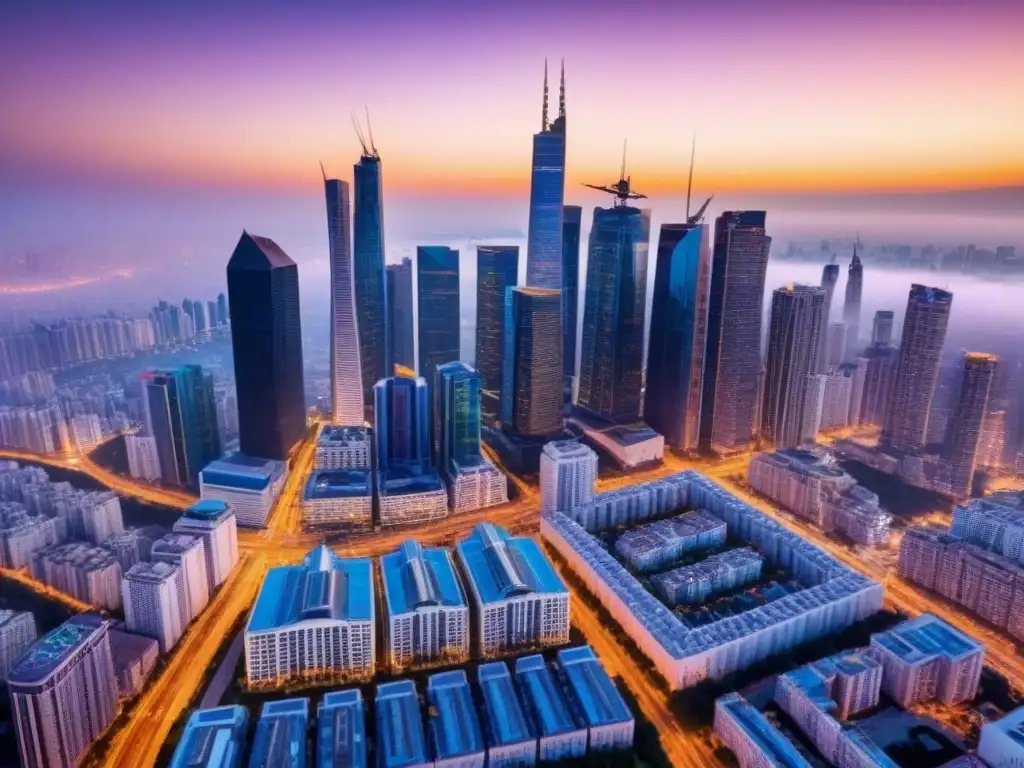 Horizonte urbano dorado: mercado inmobiliario internacional dinámico Vista aérea de rascacielos en una ciudad cosmopolita al atardecer, reflejando un próspero mercado inmobiliario internacional